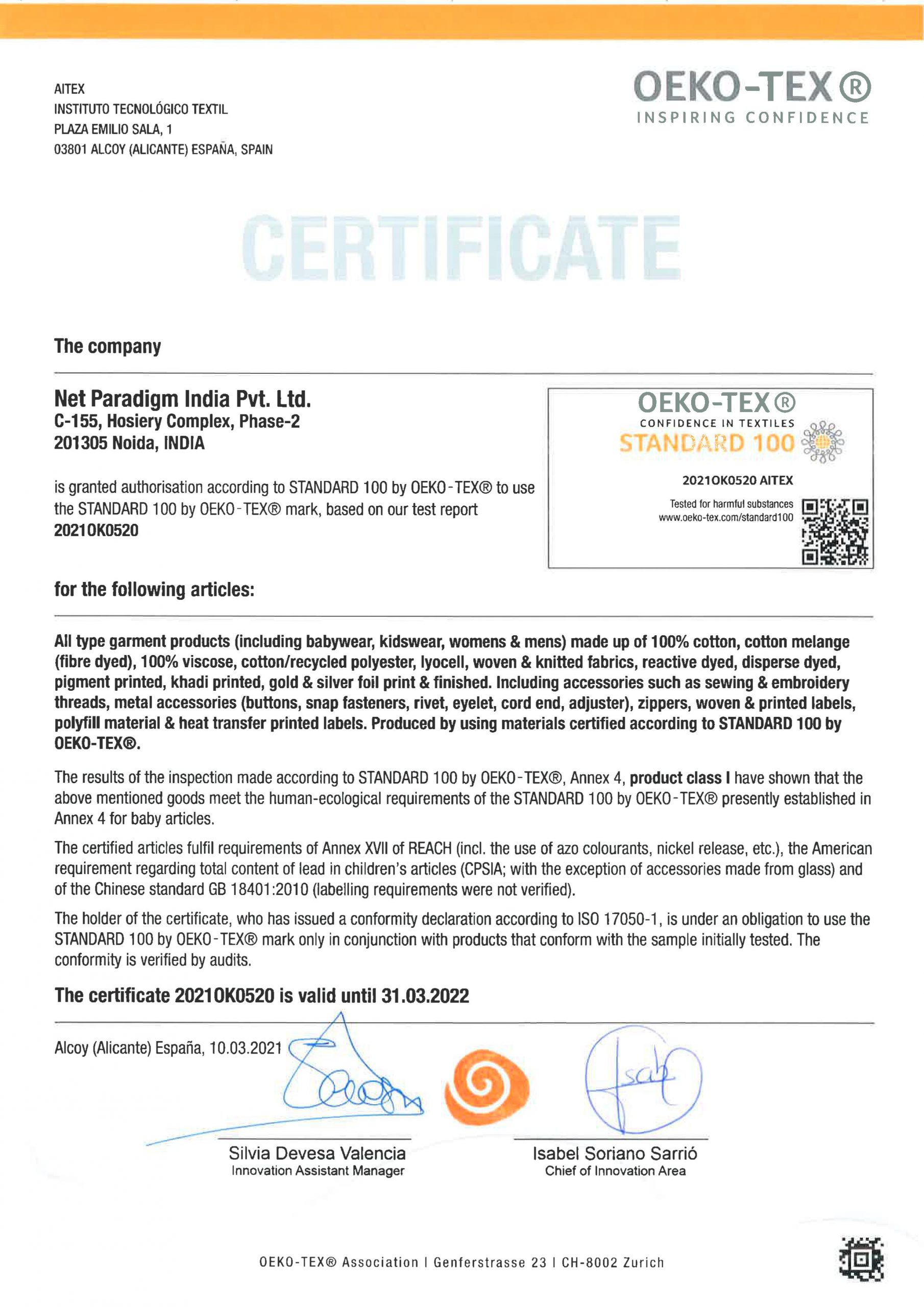 OekoTex Certified  STANDARD 100 by OEKO-TEX® - Apparel Factory