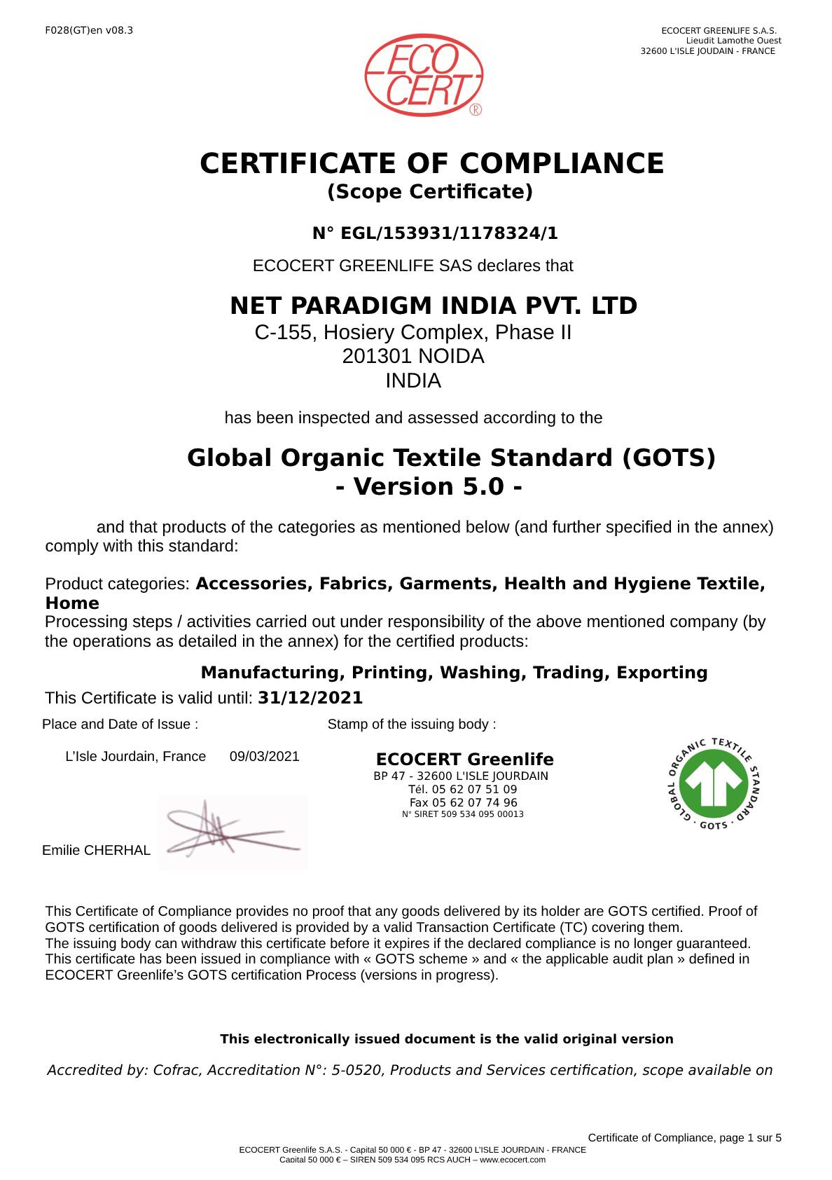 Gots Certified Apparel Factory In India